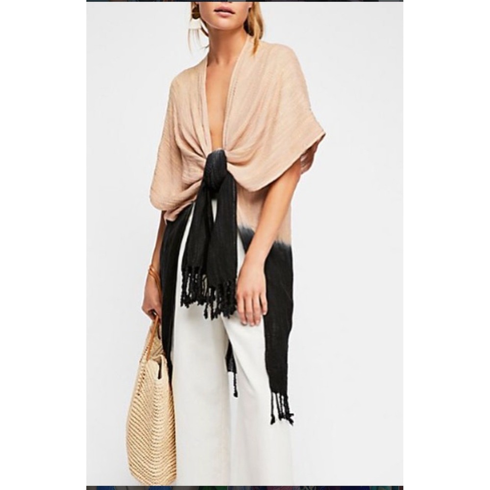 Elizabeth Gillett Dip-Dye Kimono Wrap Navy BLK Cream Fringe Poncho One Size x123 - Picture 2 of 6